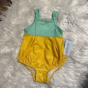 Cat &‎ Jack Toddler Girl One Piece Swimsuit 2T Yellow Green Stripe NEW